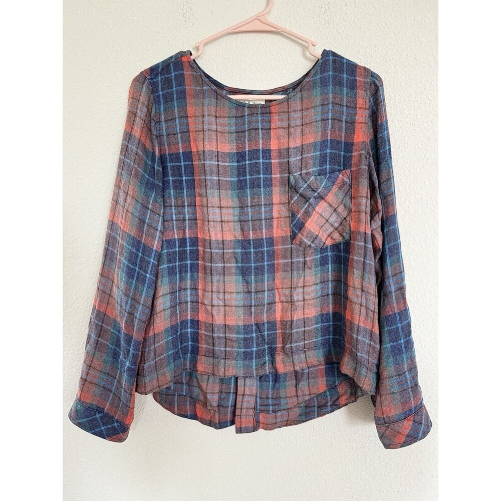 Anthropologie Cloth & Stone Plaid Pocket Back Tie Up Top Red Blue Flannel Size S